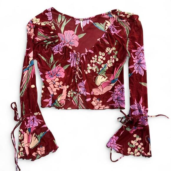 Free People Burgundy Floral Print Cropped Top With Bell Sleeves and tie front - Picture 2 of 7